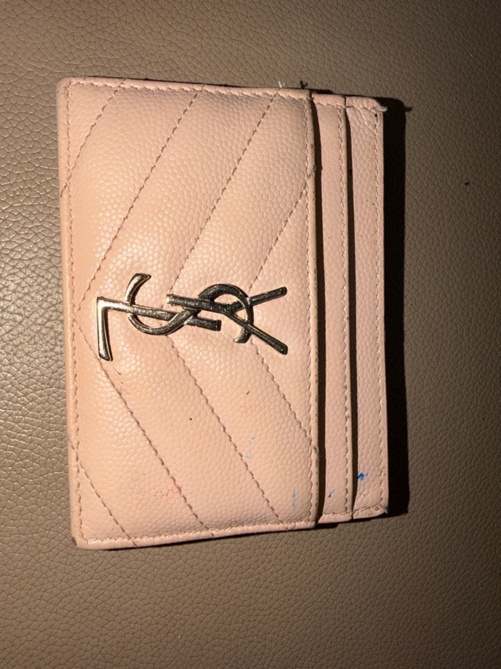 Yves Saint Laurent Blush Quilted Card Holder with Metal YSL